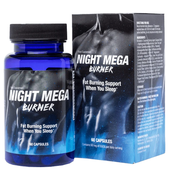 Bouteille de Night Mega Burner, brûleur de graisse nocturne, avec un design sombre et élégant.